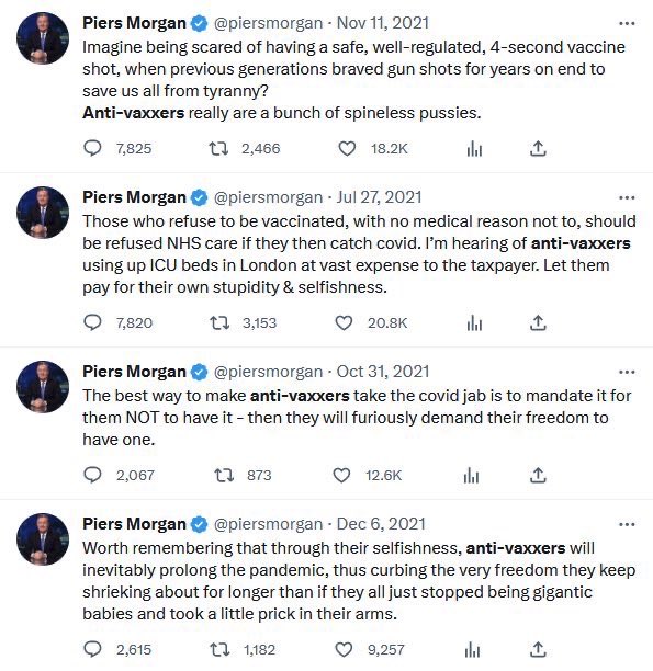 Dr. Simon Goddek (@goddeketal) on Twitter photo There’s nothing <a href="/piersmorgan/">Piers Morgan</a> hates more than this screenshot — a permanent reminder of how he vilified the unvaxxed, cheered for their exclusion from healthcare, and proudly dehumanized them for not complying.
It would be a shame if everyone started posting it under his posts. There’s nothing <a href="/piersmorgan/">Piers Morgan</a> hates more than this screenshot — a permanent reminder of how he vilified the unvaxxed, cheered for their exclusion from healthcare, and proudly dehumanized them for not complying.
It would be a shame if everyone started posting it under his posts.