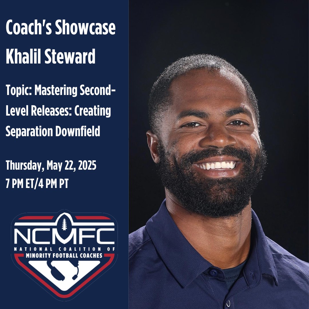 National Coalition of Minority Football Coaches (@ncmfc1) on Twitter photo #JoinTheCoalition and <a href="/Coachksteward/">Khalil Steward</a> tomorrow at 7 PM ET/ 4 PM PT for our latest Coach's Showcase!
Coach Steward will be going over creating separation with second-level releases. Members will be sent access credentials prior to the event.
#PreparePromoteProduce #JoinTheCoalition and <a href="/Coachksteward/">Khalil Steward</a> tomorrow at 7 PM ET/ 4 PM PT for our latest Coach's Showcase!
Coach Steward will be going over creating separation with second-level releases. Members will be sent access credentials prior to the event.
#PreparePromoteProduce