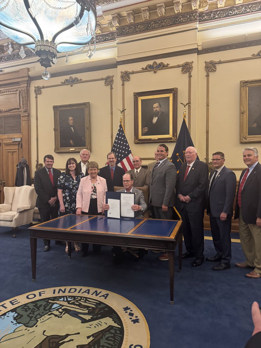 Alan Dunn, Indiana Corn Growers Association vice president; David Hardin, representing Indiana Soybean Alliance Membership and Policy Committee; and David Howell, past ICGA director attended the signing of Senate Bill 461 (Grain Indemnity) this morning.