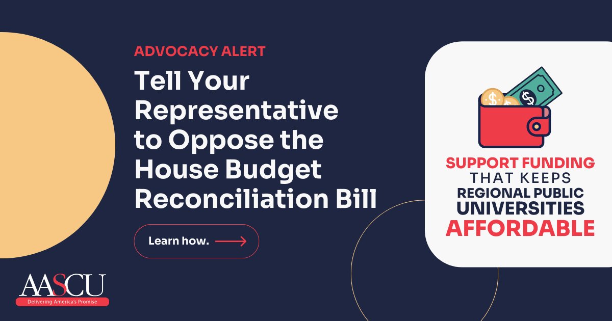 🚨 Alert! <a href="/AASCU/">AASCU</a> calls on all supporters of regional public universities #RPUs to take action ASAP. Share with your federal representative your concerns with the House budget reconciliation bill. Visit the Advocacy Center now for more information. tinyurl.com/4y8vsyc4