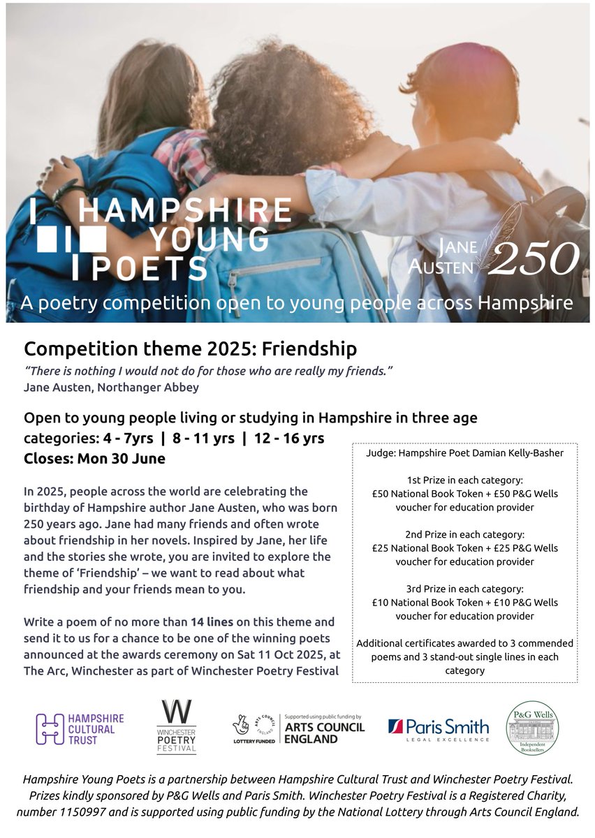 Winchester Poetry (@winpoetryfest) on Twitter photo ⌛Just 5 weeks remain for young writers to enter our competition in collaboration with <a href="/HantsCulture/">Hampshire Cultural Trust</a>
Learn all about Hampshire Young Poets competition here: winchesterpoetryfestival.org/young-poets-co…
Supported by <a href="/ParisSmithLLP/">Paris Smith</a> <a href="/Bookwells/">P & G Wells</a> <a href="/ace_southwest/">Arts Council England, South West</a> ⌛Just 5 weeks remain for young writers to enter our competition in collaboration with <a href="/HantsCulture/">Hampshire Cultural Trust</a>
Learn all about Hampshire Young Poets competition here: winchesterpoetryfestival.org/young-poets-co…
Supported by <a href="/ParisSmithLLP/">Paris Smith</a> <a href="/Bookwells/">P & G Wells</a> <a href="/ace_southwest/">Arts Council England, South West</a>