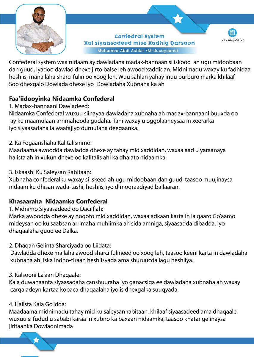 kulmiye1144's tweet photo. Waa Maxay Nidaamka Comfederal ka? Xal Siyaasadeed Mise Xarig Qarsoon? https://t.co/DieNT93wSr