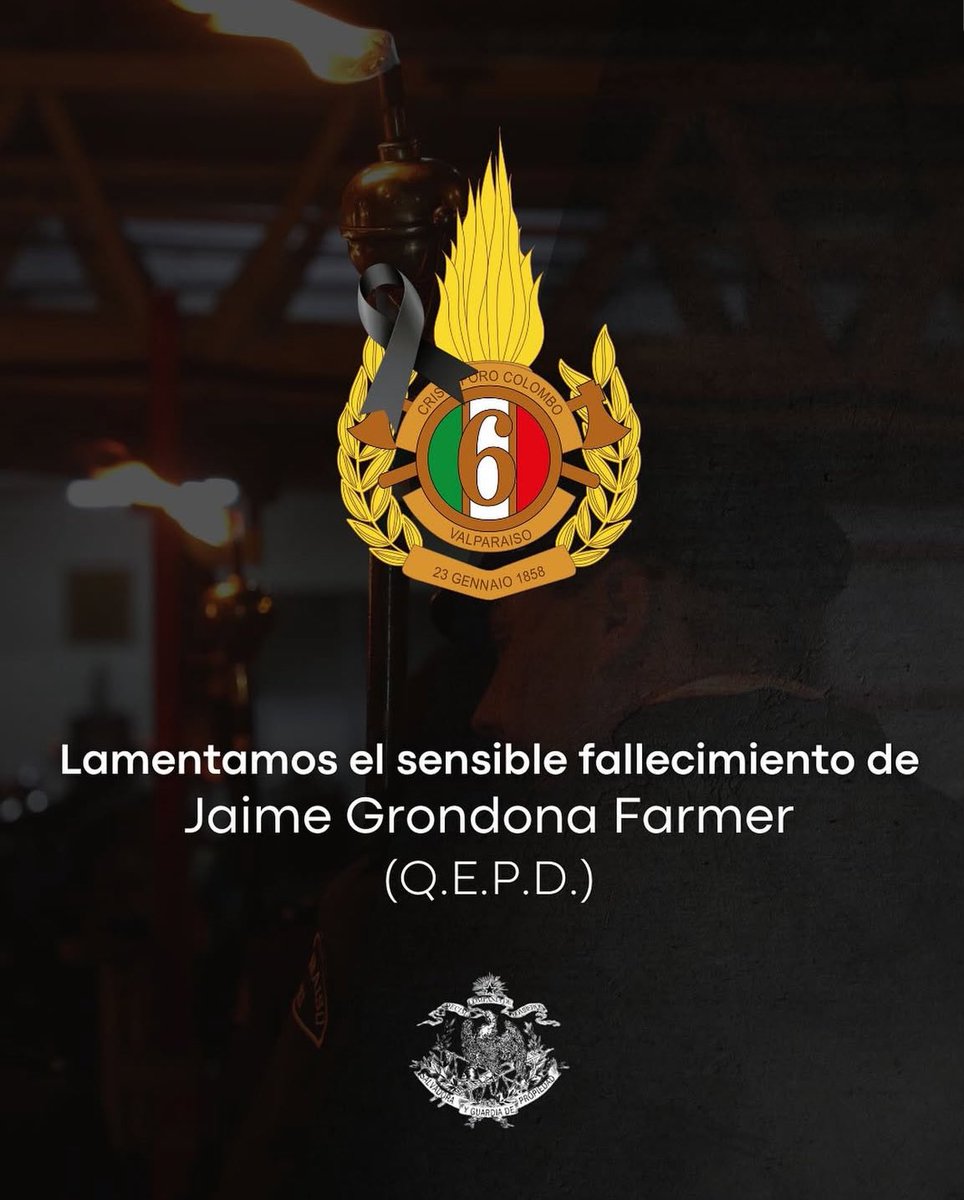 DUELO 🕊️| Lamentamos informar el sensible fallecimiento del Sr Jaime Grondona Farmer,  bombero honorario y M.H.D.G de la Sexta compañía de Valparaíso, “Bomba Cristoforo Colombo”

Expresamos nuestras más sinceras condolencias a su familia, amigos y compañeros.