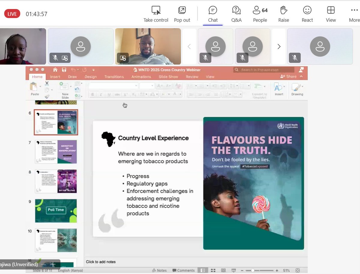 Sharing experiences from Kenya, Thomas Lindi, Public Health and Research Expert noted the issue of deceptive marketing by the tobacco industry using glamorising designs and flavours to target young people.

#AfricaNoTobacco
#AfricanRegionalWebinar 
#WNTD2025 
<a href="/WHOGhana/">WHO Ghana</a>