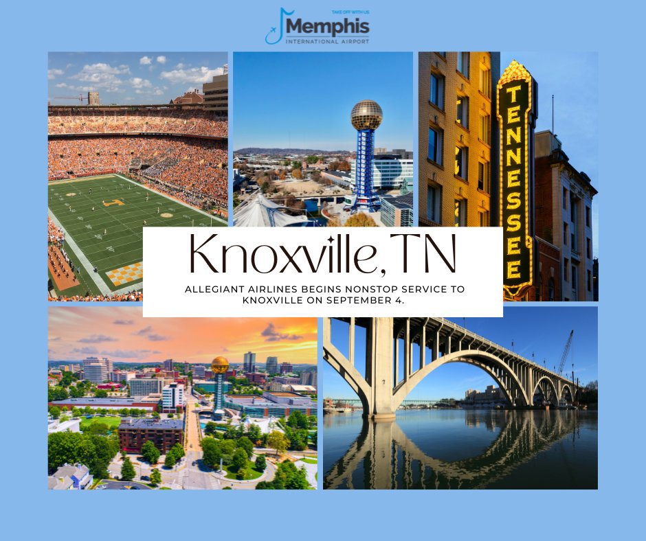 Memphis International Airport (MEM) (@flymemphis) on Twitter photo Hey Rocky Top Fans!!!! <a href="/Allegiant/">Allegiant Air</a> has announced that it will launch nonstop service between <a href="/flymemphis/">Memphis International Airport (MEM)</a> & <a href="/FlyKnoxville/">McGhee Tyson Airport</a> starting September 4! Learn more at flymemphis.com/2025/05/21/all⦠Hey Rocky Top Fans!!!! <a href="/Allegiant/">Allegiant Air</a> has announced that it will launch nonstop service between <a href="/flymemphis/">Memphis International Airport (MEM)</a> & <a href="/FlyKnoxville/">McGhee Tyson Airport</a> starting September 4! Learn more at flymemphis.com/2025/05/21/allā¦