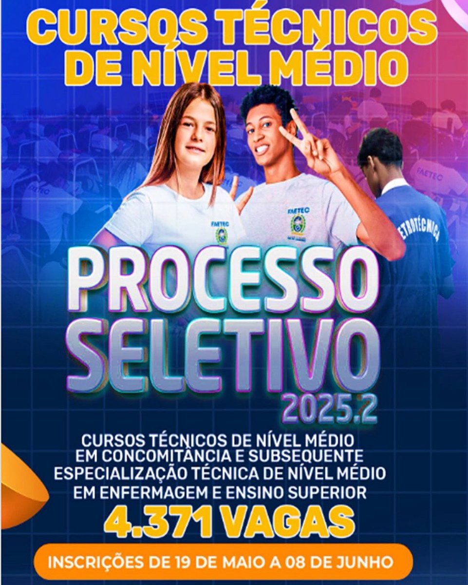 inslofi's tweet photo. 🚨 Faetec está com inscrições abertas para 4.371 vagas até o dia 8 de junho!

A Faetec lançou seu processo seletivo 2025.2 com vagas para cursos técnicos, especializações de nível técnico e graduação.

As inscrições devem ser feitas pelo site: https://t.co/O7zz0Bcqrg https://t.co/InboQIbmZi
