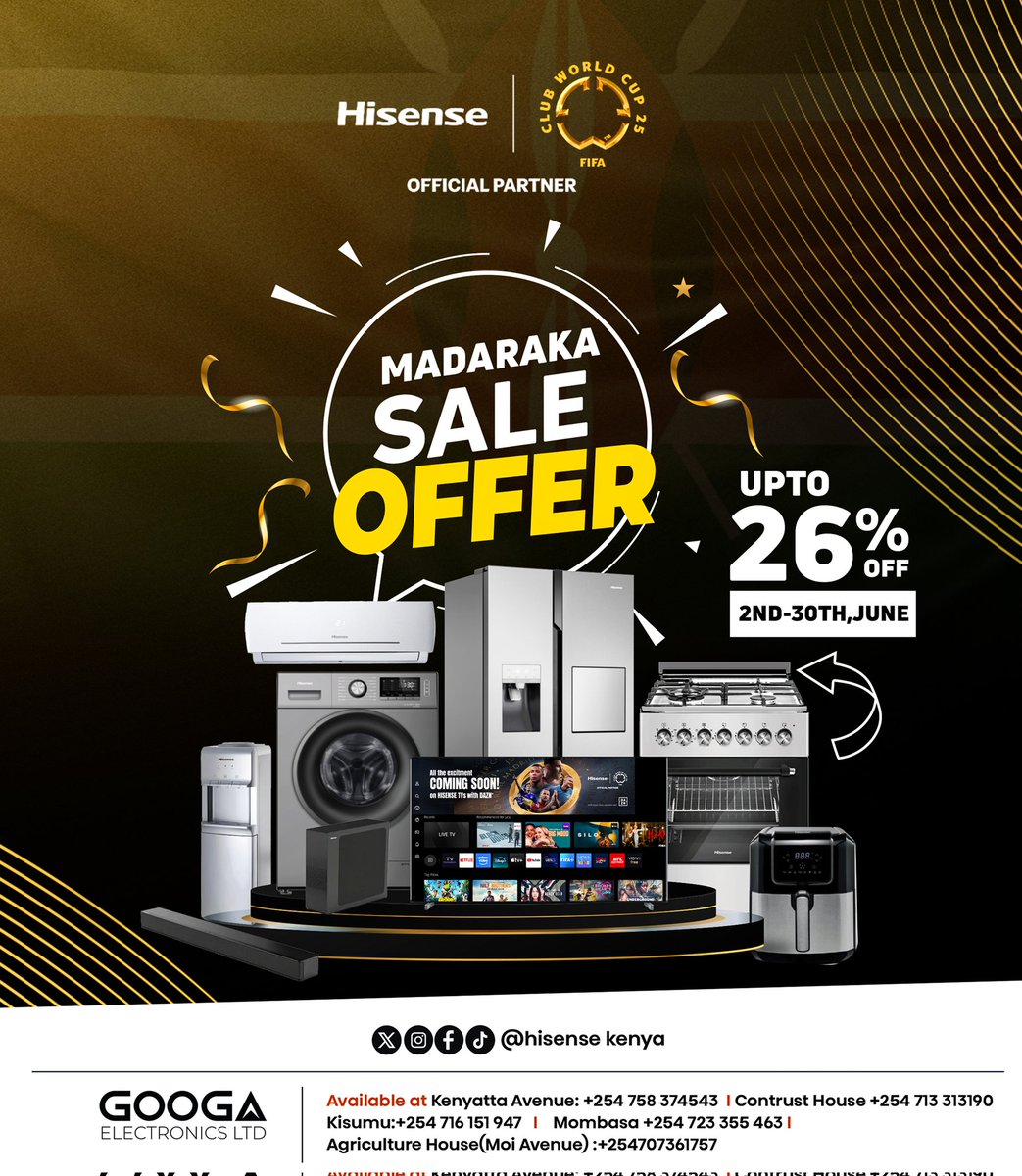 googakenya's tweet photo. This June, freedom comes with big discounts.Get ready for our Madaraka Sale.Enjoy up to 26% OFF on your favorite Hisense appliances.
#Hisene #HisenseMyHome #MadarakanaHisense #Junedeals #FrewdonToSave #GoogaElectronics https://t.co/Dk6fS9S1jX