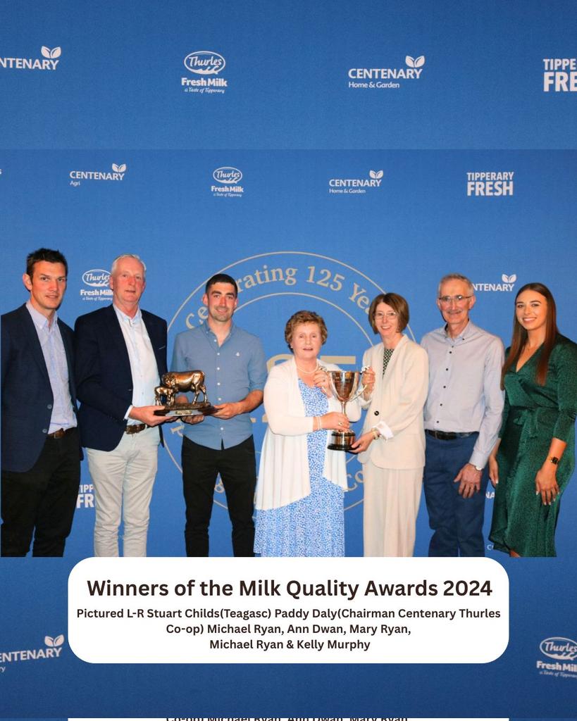 The Winners of the Centenary Thurles Co-op Milk Quality Awards were the Ryan family from Lisheen Lower,Moyne,Thurles.
Congratulations &amp; Best wishes,as you go forward to represent Centenary Thurles Co-Op as National Finalists at the NDC &amp; Kerrygold Milk Quality Awards