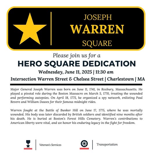 DJWFoundation's tweet photo. We are very excited about this Hero Square Dedication to honor Dr. Warren on his 284th birthday! https://t.co/EbZ5d1Rke5