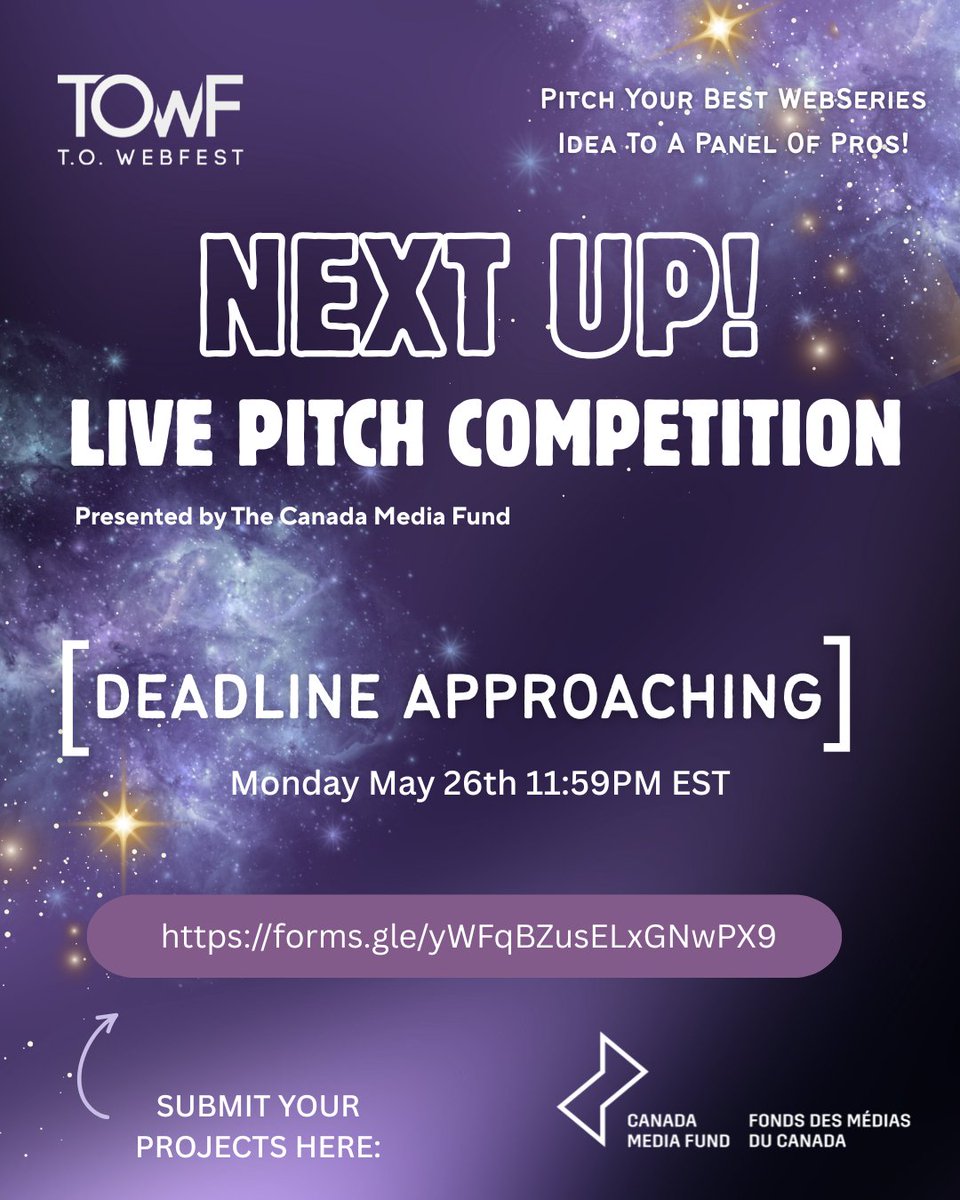 IPF (@theipf) on Twitter photo 🚨 Emerging Canadian creators! 🚨
Submit your digital series to the Next Up! Pitch Competition (by @WebSeriesCanada & <a href="/CMF_FMC/">Canada Media Fund</a>) for a shot to pitch live at T.O. WebFest! 🎤
Deadline: May 26 @ 11:59pm EST
Apply now 👉forms.gle/yWFqBZusELxGnw…
#NextUpPitch 🚨 Emerging Canadian creators! 🚨
Submit your digital series to the Next Up! Pitch Competition (by @WebSeriesCanada & <a href="/CMF_FMC/">Canada Media Fund</a>) for a shot to pitch live at T.O. WebFest! 🎤
Deadline: May 26 @ 11:59pm EST
Apply now 👉forms.gle/yWFqBZusELxGnw…
#NextUpPitch
