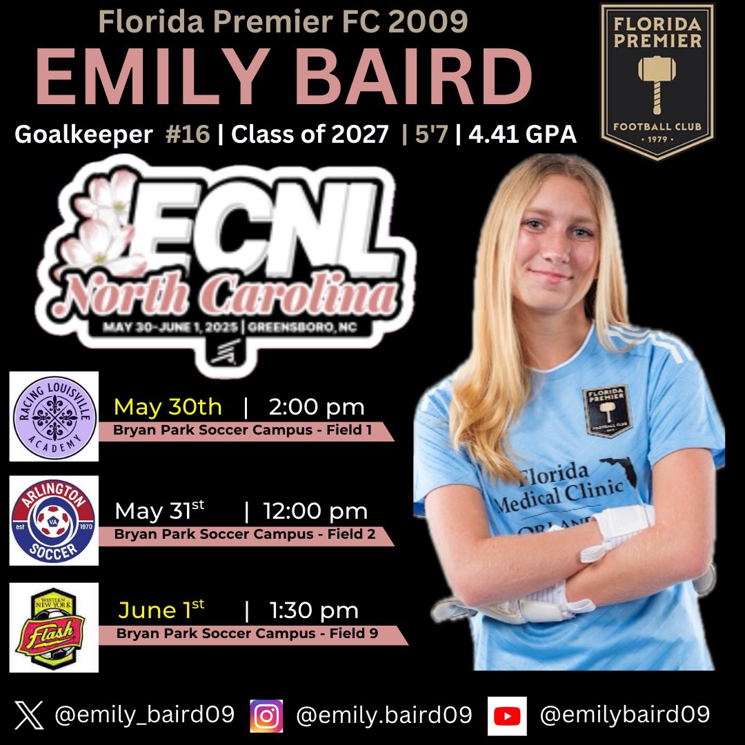 Can’t wait for ECNL North Carolina!  Excited to also have secured our spot in Champions League for #ECNLPlayoffs !

<a href="/ECNLgirls/">ECNL Girls</a> <a href="/florida_premier/">Florida Premier F.C</a> <a href="/ImYouthSoccer/">ECNL/GA/Recruiting/College Soccer</a> <a href="/PrepSoccerFL/">Prep Soccer Florida</a> <a href="/PrepSoccer/">Prep Soccer ⚽️</a> <a href="/TheSoccerWire/">SoccerWire</a> <a href="/TopDrawerSoccer/">TopDrawerSoccer</a> <a href="/ugkalliance/">@unitedgkalliance</a> 
<a href="/JREskilson/">J.R. Eskilson</a> <a href="/travismclark/">Travis Clark</a>