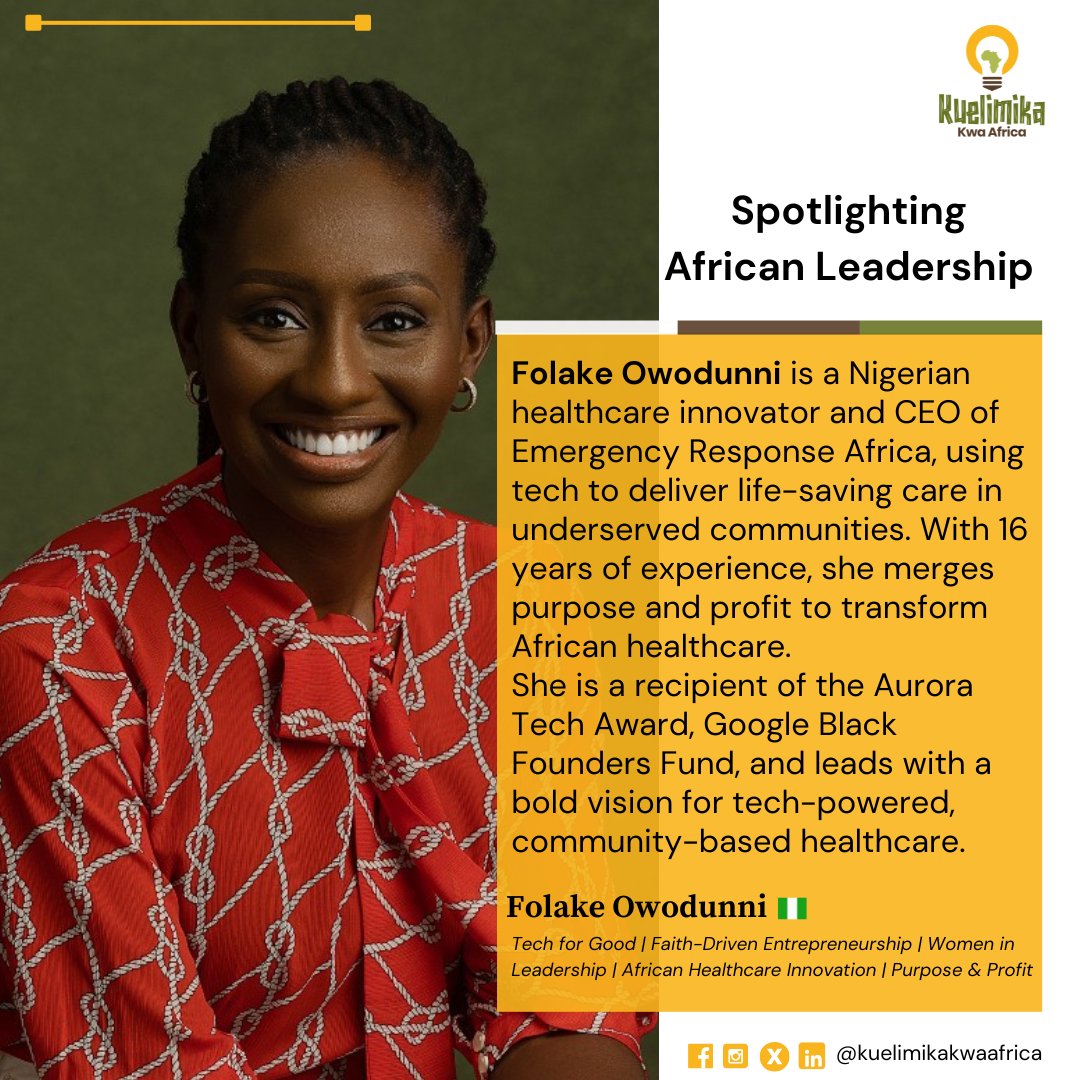 Spotlighting African leadership: <a href="/FolakeOwodunni/">Folake Owodunni</a>, CEO of Emergency Response Africa.

With 15+ years of experience and a vision to make urgent care accessible, she’s using tech to transform healthcare delivery across Africa.

“We can’t wait for perfect systems. We must act now.”