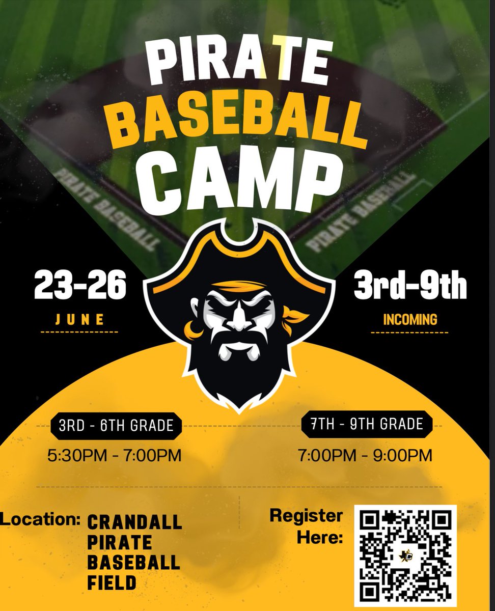 Crandall HS Baseball (@piratesluggers) on Twitter photo Get signed up for Pirate baseball camp this summer June 23-26th! ⚾️ Top notch drill work and baseball IQ provided to help develop young baseball players! #GoPirates! <a href="/OfficialCISD/">Crandall ISD</a> Get signed up for Pirate baseball camp this summer June 23-26th! ⚾️ Top notch drill work and baseball IQ provided to help develop young baseball players! #GoPirates! <a href="/OfficialCISD/">Crandall ISD</a>
