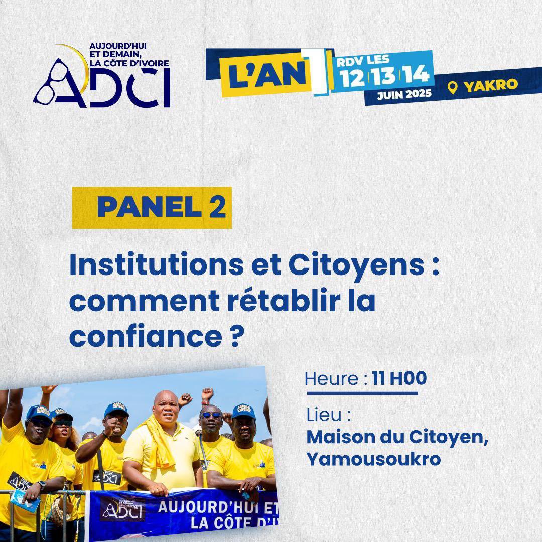 adcotedivoire's tweet photo. 🎤 PANEL 2
Thème : « Institutions & citoyens : comment rétablir la confiance ? »
🗓️ Jeudi 12 juin 2025 – 11h
📍 Maison du Citoyen | Siège ADCI de #Yakro
Trop de promesses. Trop de silences.
Et si on reparlait confiance ?
#SENEC #ADCI #SociétéDeConfiance #AN1ADCI https://t.co/mmGnJ0EHDD