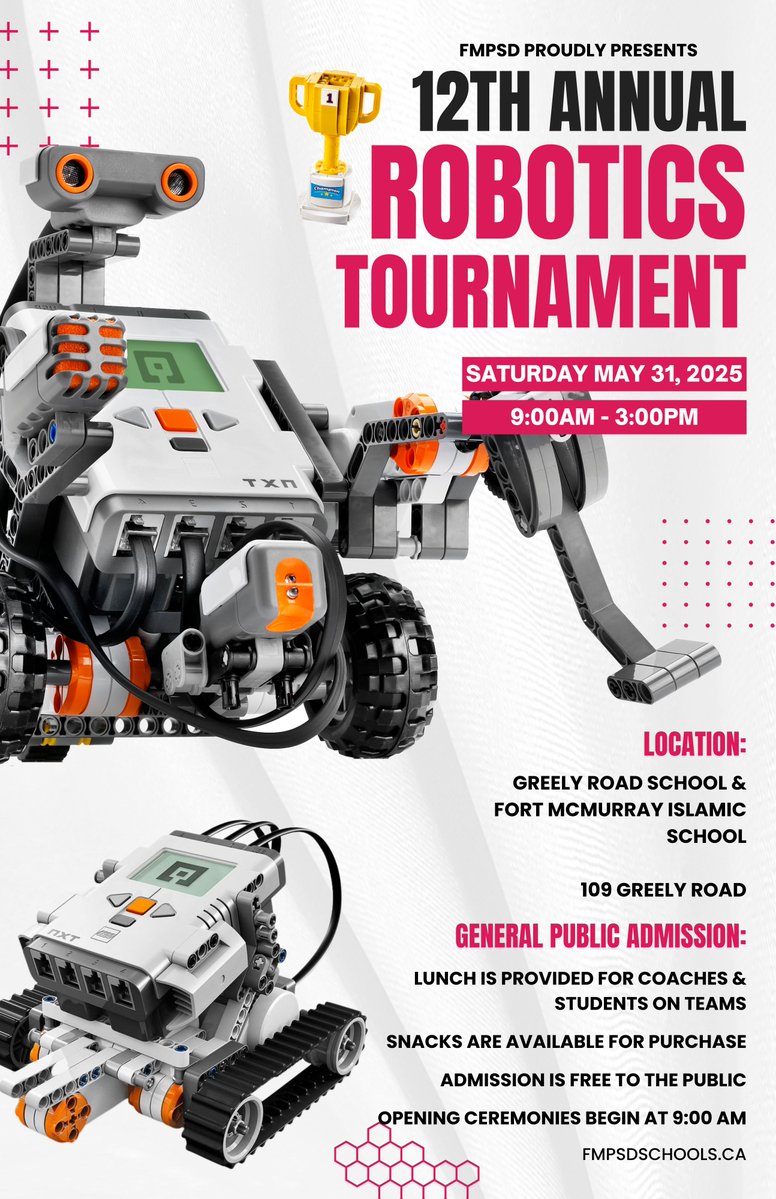 Fort McMurray Public School Division (@fmpsd) on Twitter photo Mark your calendars! 🗓️
The FMPSD 12th Annual LEGO Robotics Tournament will be held on May 31 at Greely Road School and Fort McMurray Islamic School.
Come see incredible student innovation and cheer on the next generation of tech leaders!
<a href="/annaleeskinner/">Annalee Nutter</a>
#FMPSD #YMM #RMWB Mark your calendars! 🗓️
The FMPSD 12th Annual LEGO Robotics Tournament will be held on May 31 at Greely Road School and Fort McMurray Islamic School.
Come see incredible student innovation and cheer on the next generation of tech leaders!
<a href="/annaleeskinner/">Annalee Nutter</a>
#FMPSD #YMM #RMWB