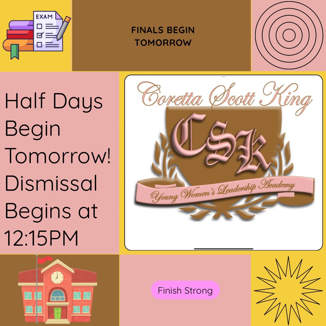 🚨 Reminder, CSK Scholars! 🚨
Final exams start TOMORROW! ✏️💥
📆 Early dismissal all week – plan accordingly!
💪 You’ve got this. Finish strong! 💜💛
#CSKScholars #FinalsWeek #FinishStrong #SoarWithCSK