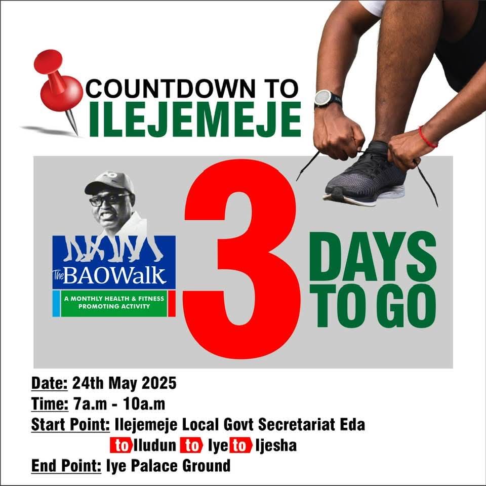 lanrearibisala's tweet photo. #THE #BAO #WALK- 4TH #EDITION #COUNTDOWN
HEALTH IS WEALTH ..YOU MUST INVEST IN IT.
#ILERALORO
#PUTTINGEKITIPEOPLESHEALTHFIRST
#TheBAOWALK4ALL
#ALL4THEBAOWALK https://t.co/x7AGBWOEFO