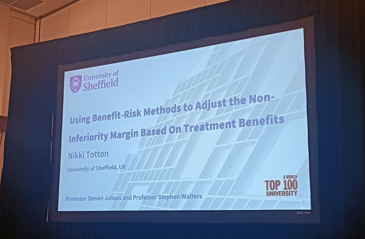 Steven Julious (@stevenjulious) on Twitter photo Attending an excellent talk by <a href="/NikkiTotton/">Nikki Totton</a> entitled at #SCT2025 entitled
Using benefit risk methods to adjust the non-inferiority margin based on treatment benefits Attending an excellent talk by <a href="/NikkiTotton/">Nikki Totton</a> entitled at #SCT2025 entitled
Using benefit risk methods to adjust the non-inferiority margin based on treatment benefits