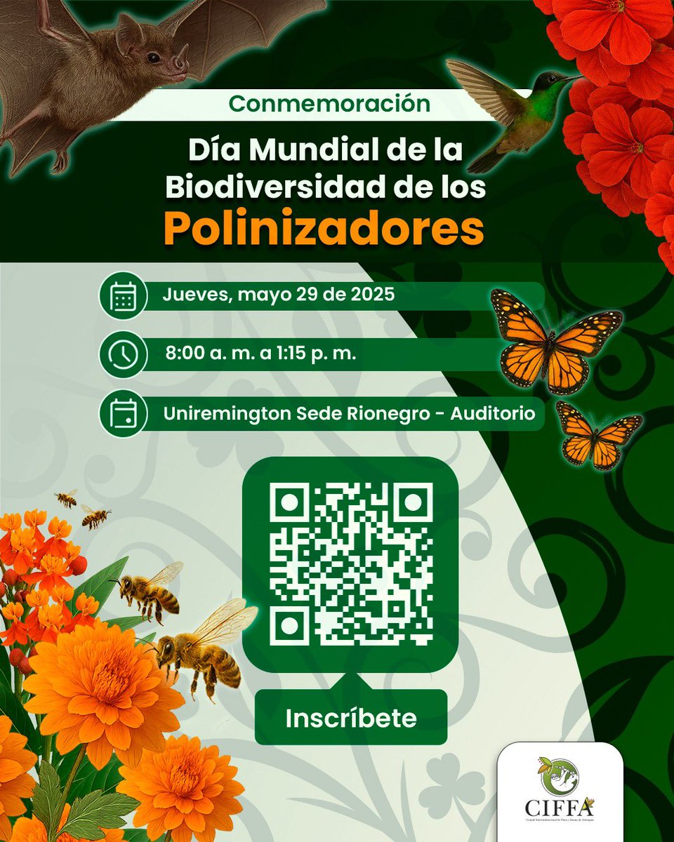 Te invitamos a la jornada de conocimiento, sensibilización y conservación de los polinizadores, resaltando su importancia ecológica, agrícola y económica.

El encuentro será el jueves 2️⃣9️⃣ de mayo en la Sede de Rionegro de la Uniremington.

Inscríbete escaneando el Qr.