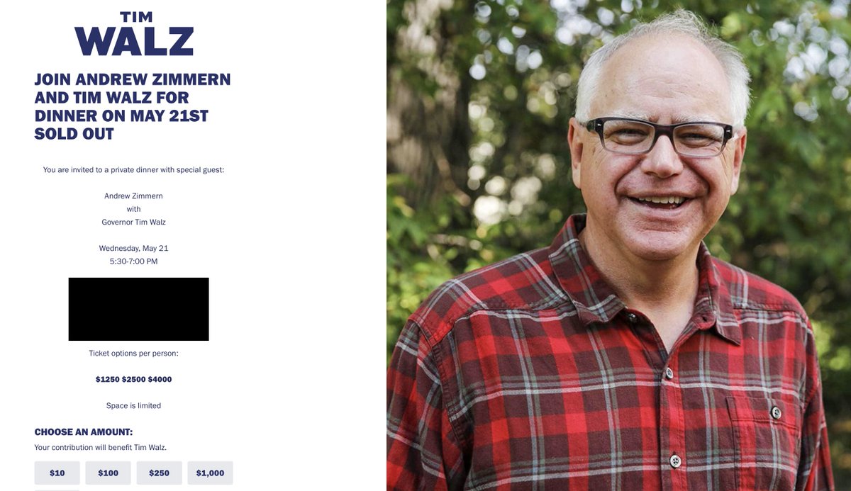 Tonight <a href="/Tim_Walz/">Tim Walz</a>  / <a href="/GovTimWalz/">Governor Tim Walz</a> - will hold a fundraiser suggesting he's running for re-election.  Tickets start at $1250 #mnleg #mn2026