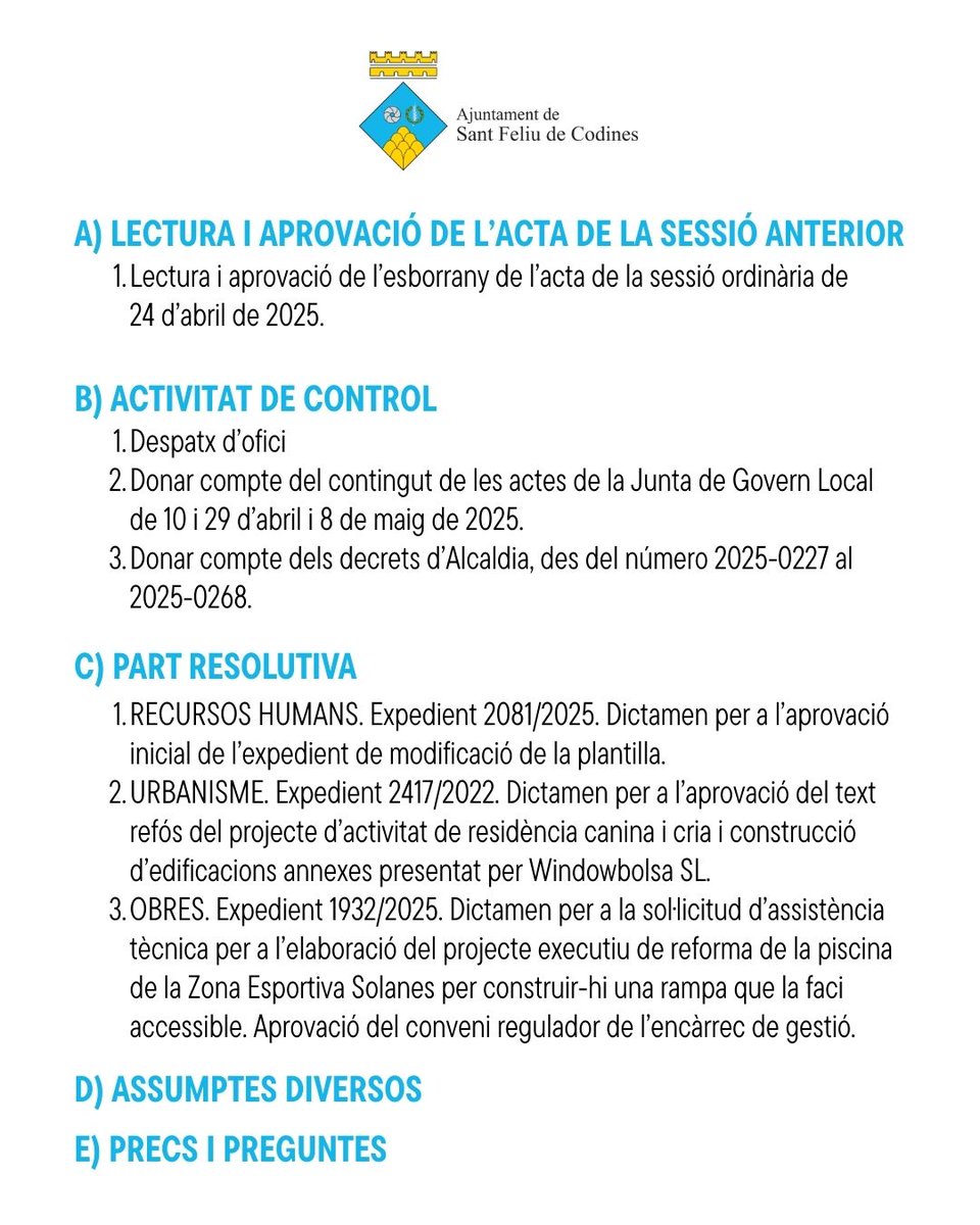 AjSFCodines's tweet photo. 🏛️ #PleSantFeliudeCodines | Ple municipal - Sessió ordinària #SantFeliudeCodines 
 
🗓️ Dijous 22 de maig
🕧 A les 18.30h  
📍 Sala de Plens de l'Ajuntament #sfc182
 
📲 Es podrà seguir en directe al Canal de Youtube #canalcodinenc a https://t.co/omyHRXB9yx 
 
Ordre el dia 👇 https://t.co/pqvVmGLxIg