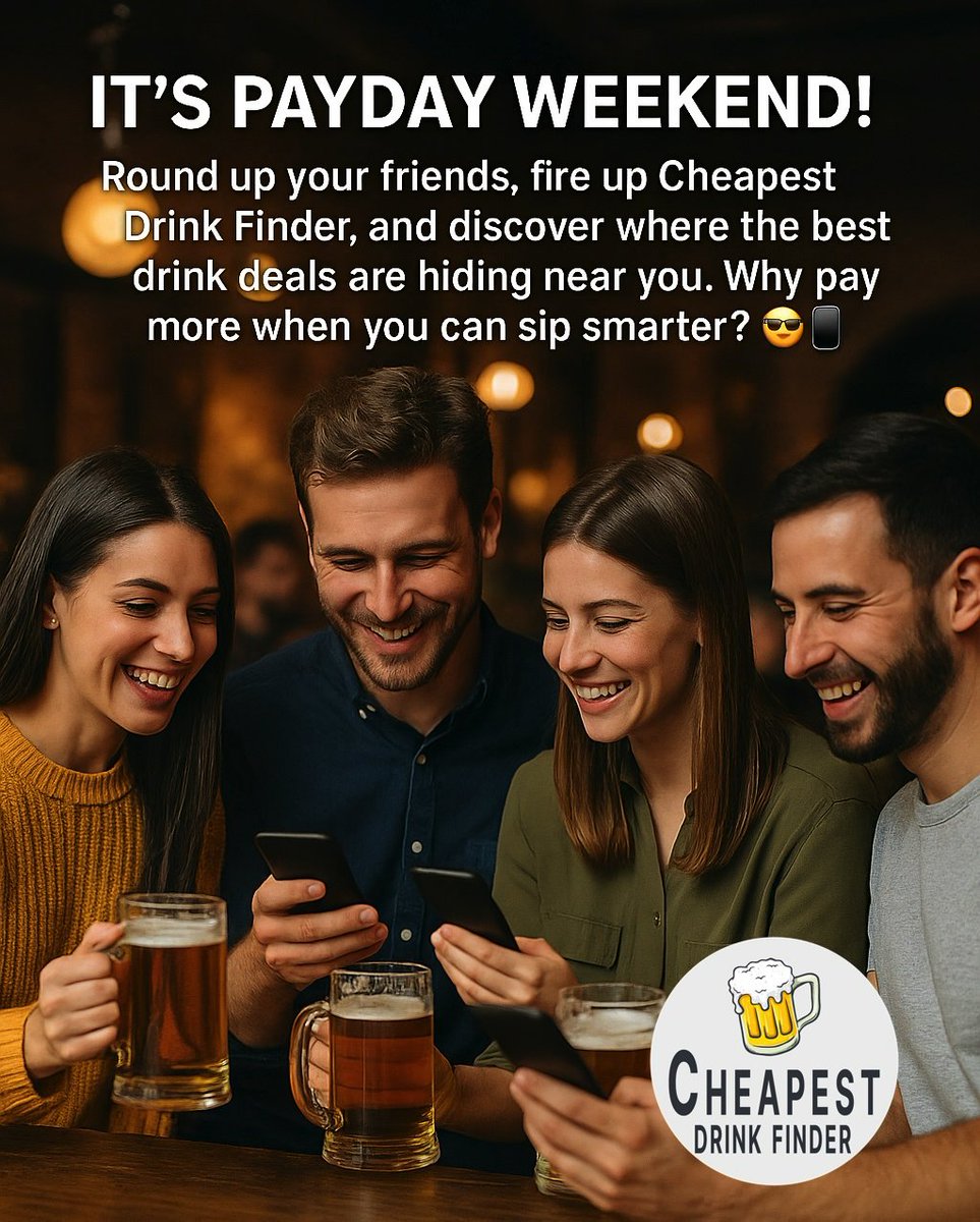 CheapestDrinkF's tweet photo. It’s payday weekend! 🍻

Download:
- iOS: https://t.co/nvd1IC3MS7
- Android: https://t.co/E42Ea1LywR

#CheapestDrinkFinder #PaydayWeekend #DrinkDeals #OutWithFriends https://t.co/xuDfLroZVj