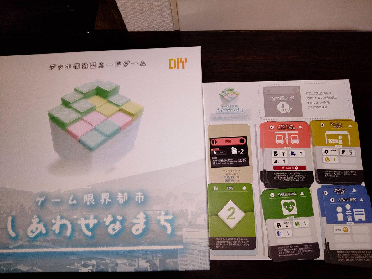 しあわせなまち

社会問題をテーマにしたドミニオンライク。
ドミニオンそのものはあまり好きではないですが、カードが100枚ユニークとのことで悩みつつ購入。
デッキビルディングの初歩に、という説明が付いていました。ボドゲあまりやらない友達に勧めやすいかな？