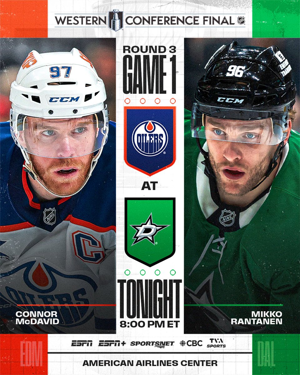 NHLPR's tweet photo. Connor McDavid and the @EdmontonOilers visit Mikko Rantanen and the @DallasStars to open the second straight Western Conference Final series between the franchises tonight. #StanleyCup

🕗: 8 p.m. ET
📺: @espn, @ESPNPlus, @Sportsnet, @TVASports, CBC https://t.co/5levykcTWu