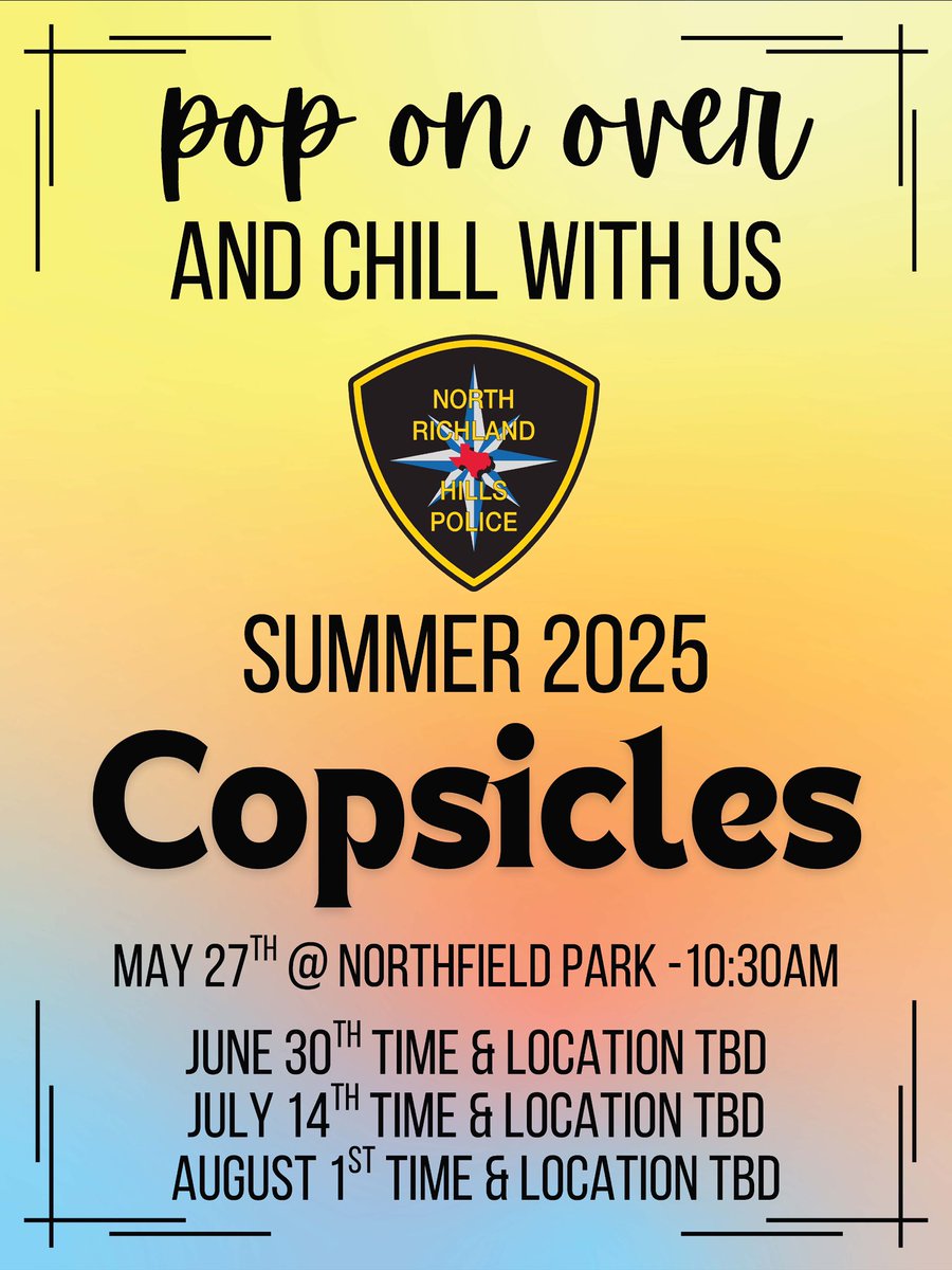 Come enjoy some popsicles with our officers for this month’s “Copsicles” event next Tuesday, May 27th at Northfield Park at 10:30AM. 

The NRH Library will also be at the park hosting their “Library in the Park” event during the same time. 

We hope to see you there!