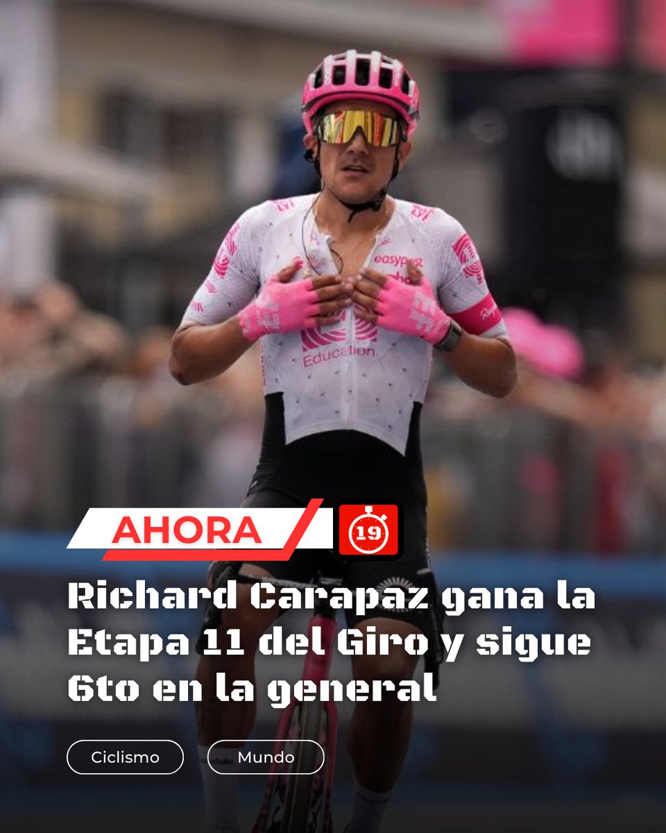 Minuto19EC's tweet photo. ¡Richard Carapaz triunfa en la etapa 11 del #GirodItalia 2025!
La Locomotora metió leño Rojo y obtuvo la victoria en el Alpe San Pellegrino, firmando su primer triunfo en casi un año.
Sube al 6.º puesto en la general. ¡Imparable!
🚴‍♂️🇪🇨
#RichardCarapaz #CiclismoEcuatoriano https://t.co/gSrFoLaAHb