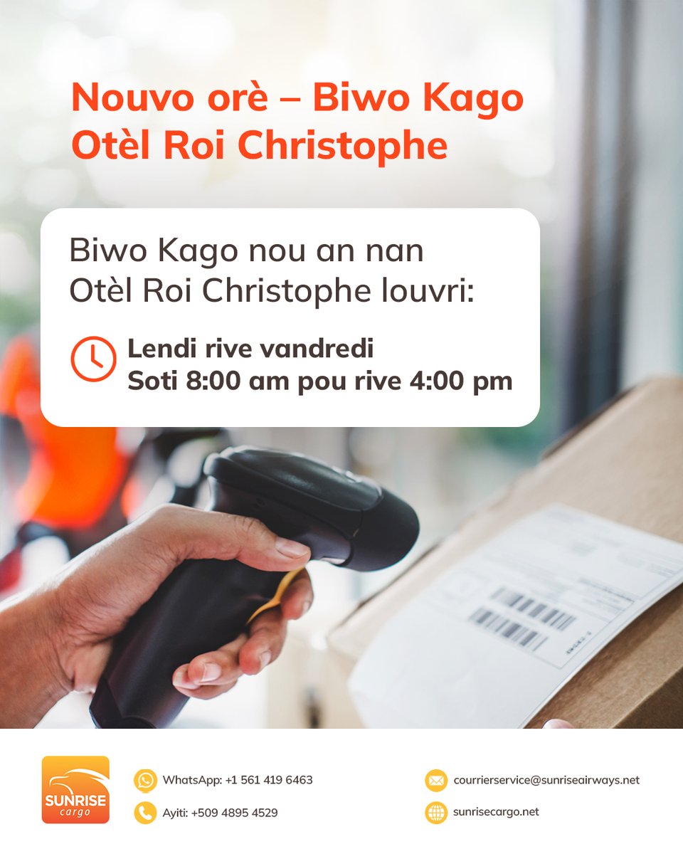 SunriseAirways's tweet photo. New Schedule Cargo Office Hotel Roi Christophe
Our Cargo Office at Hotel Roi Christophe is open:
📆Monday to Friday from 8:00 am to 4:00 pm
#OneCaribbean #SunriseAirways #CapHaïtien #Haiti #ServiceCourrier #CourierService #SunriseCourierAndCargo #WeFlyToConnectPeople https://t.co/Y275fvdsT2