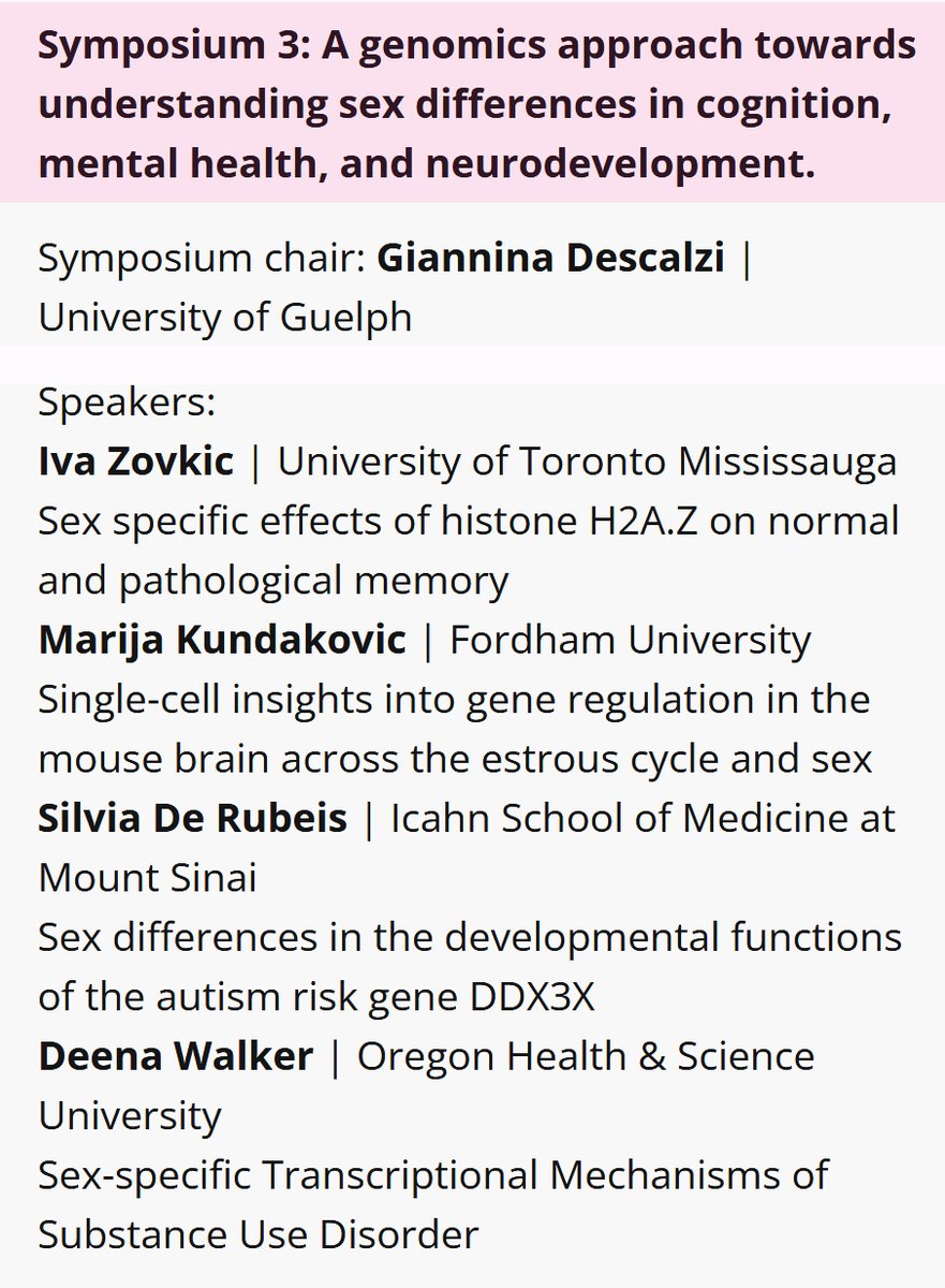 Marija Kundakovic (@kundakoviclab) on Twitter photo If you are at <a href="/CAN_ACN/">CAN ACN</a> meeting, don't miss our symposium on Thurs 1:30 pm:
A genomics approach towards understanding sex differences in cognition, mental health, and neurodevelopment.
w <a href="/Descalzi_G/">Giannina Descalzi 🏳️🌈</a> <a href="/IvaZovkic/">Iva Zovkic @ivazovkic.bsky.social</a> <a href="/DeRubeisLab/">Silvia De Rubeis</a> & Deena Walker
See you there! If you are at <a href="/CAN_ACN/">CAN ACN</a> meeting, don't miss our symposium on Thurs 1:30 pm:
A genomics approach towards understanding sex differences in cognition, mental health, and neurodevelopment.
w <a href="/Descalzi_G/">Giannina Descalzi 🏳️🌈</a> <a href="/IvaZovkic/">Iva Zovkic @ivazovkic.bsky.social</a> <a href="/DeRubeisLab/">Silvia De Rubeis</a> & Deena Walker
See you there!