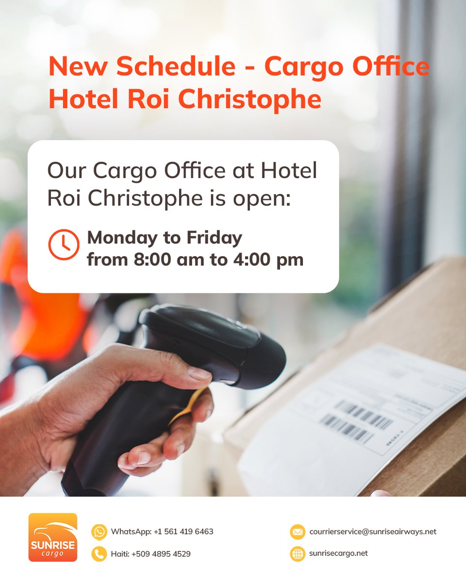 SunriseAirways's tweet photo. New Schedule Cargo Office Hotel Roi Christophe
Our Cargo Office at Hotel Roi Christophe is open:
📆Monday to Friday from 8:00 am to 4:00 pm
#OneCaribbean #SunriseAirways #CapHaïtien #Haiti #ServiceCourrier #CourierService #SunriseCourierAndCargo #WeFlyToConnectPeople https://t.co/Y275fvdsT2