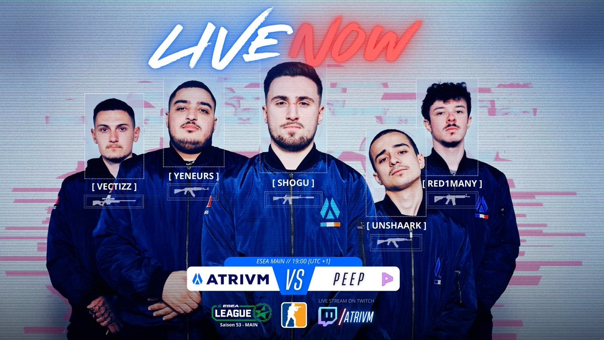 ⚠️ Moment de vérité ⚠️

Dernier match <a href="/ESEA/">ESEA League</a> pour se qualifier aux Playoffs.

⚔️ 🇫🇷 ATRIVM vs 🇷🇺 PeeP 
📺 twitch.tv/ATRIVM
🎙️ <a href="/CastRabenas/">Rabenas</a>  au mic.
🎥 <a href="/arno3K/">arno3k</a> en obs.

💙 Let's go, ensemble on va win ce match !
🔥 <a href="/unshaark/">unshaarK</a>  <a href="/red1many/">Red1many</a>  <a href="/Yeneurs/">Yeneurs</a>  <a href="/_SHOGU/">SHOGU</a>  <a href="/VECTIZZ1/">VECTIZZ</a>