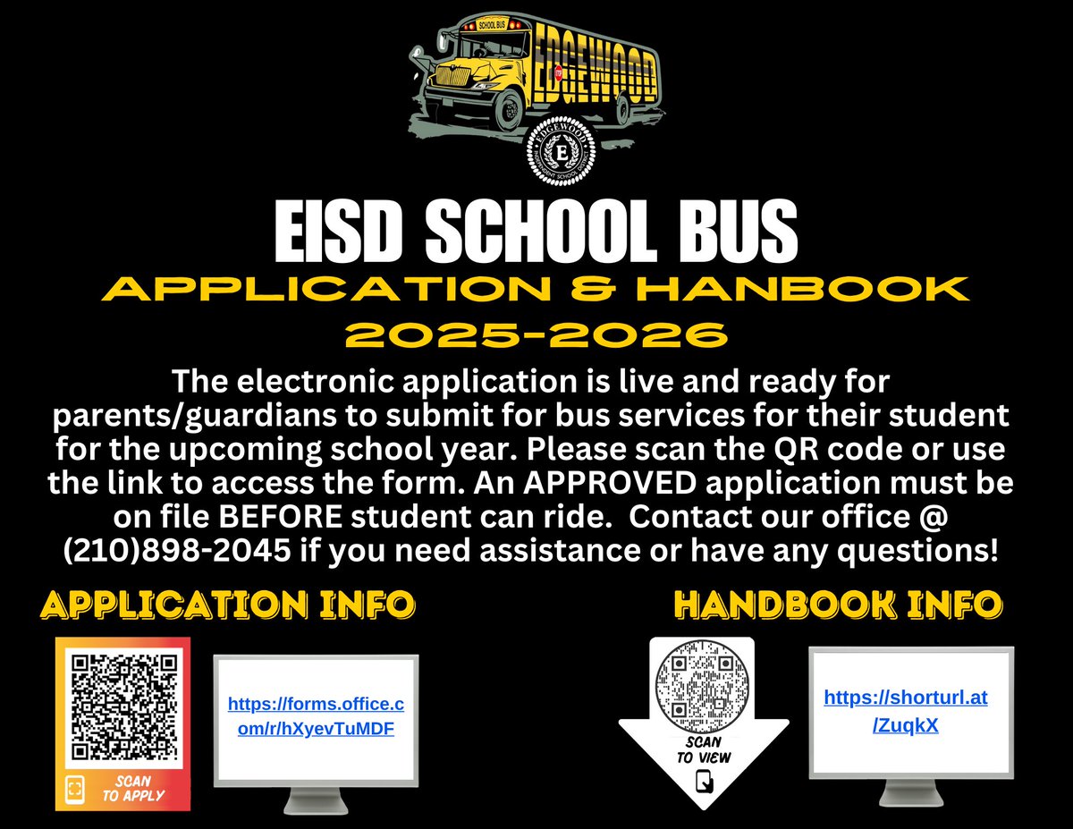 EISD Transportation (@eisd_transport) on Twitter photo Good morning <a href="/EISDofSA/">Edgewood ISD</a> families! As a this year draws to an end we are already working on next year! The application for bus services is live & ready! An approved application must be on file BEFORE students can ride! Not sure, call us! (210)898-2045 ➡️ forms.office.com/r/hXyevTuMDF Good morning <a href="/EISDofSA/">Edgewood ISD</a> families! As a this year draws to an end we are already working on next year! The application for bus services is live & ready! An approved application must be on file BEFORE students can ride! Not sure, call us! (210)898-2045 ➡️ forms.office.com/r/hXyevTuMDF