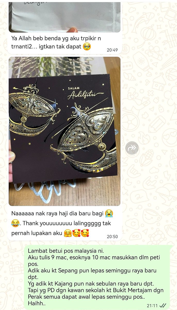 LiliSephia's tweet photo. Pos Malaysia ni pasaipa ha? Kesian kawan aku ni, dia ingat aku dah lupa dia tak pos kadraya kat dia. Tiap2 tahun minggu pertama puasa aku dah siap dan pos semua kadraya utk kawan2 dan adik2. Dekat 3 bulan baru sampai. 🤦🏻‍♀️🤦🏻‍♀️ https://t.co/DKlGsHdFSl