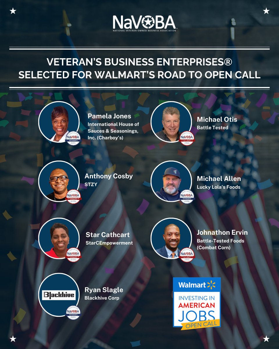 Seven NaVOBA Certified Veteran's Business Enterprises® are pitching their American-made products live at <a href="/Walmart/">Walmart</a>'s Road to Open Call today! Thanks to NaVOBA and #IVMF ’s collaboration, these VBEs® are prepped and ready for retail partnerships.  🔗 navoba.org/woc