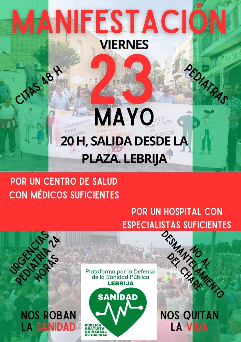 ✊🏼 Este próximo viernes, 23 de mayo, volvemos a salir a la calle para que la Junta de Andalucía nos escuche: basta de negociar con nuestra salud y la de nuestros abuelos.

#sanidad #serviciospublicos #lebrija #andalucia