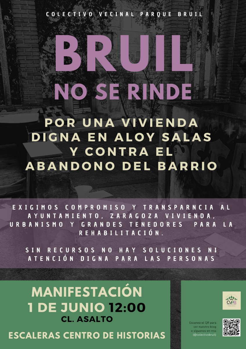 💜 BRUIL NO SE RINDE 💜
El 1 de junio salimos a la calle para exigir una vivienda digna en Aloy Salas y poner fin al abandono del barrio.
 Porque sin inversión no hay rehabilitación ni justicia social.

Vecinas, vecinos, ¡nos vemos en la calle! 💪🏽🏡