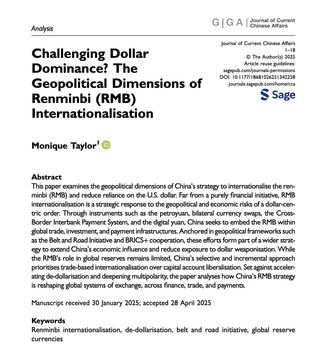 🔔New #OpenAccess Article in #JCCA Journal of Current Chinese Affairs <a href="/GIGA_Institute/">German Institute for Global and Area Studies</a> <a href="/Sage_Publishing/">Sage</a> 

Monique Taylor analyses how China's RMB strategy is reshaping global systems of exchange, across finance, trade, and payments. journals.sagepub.com/doi/10.1177/18…