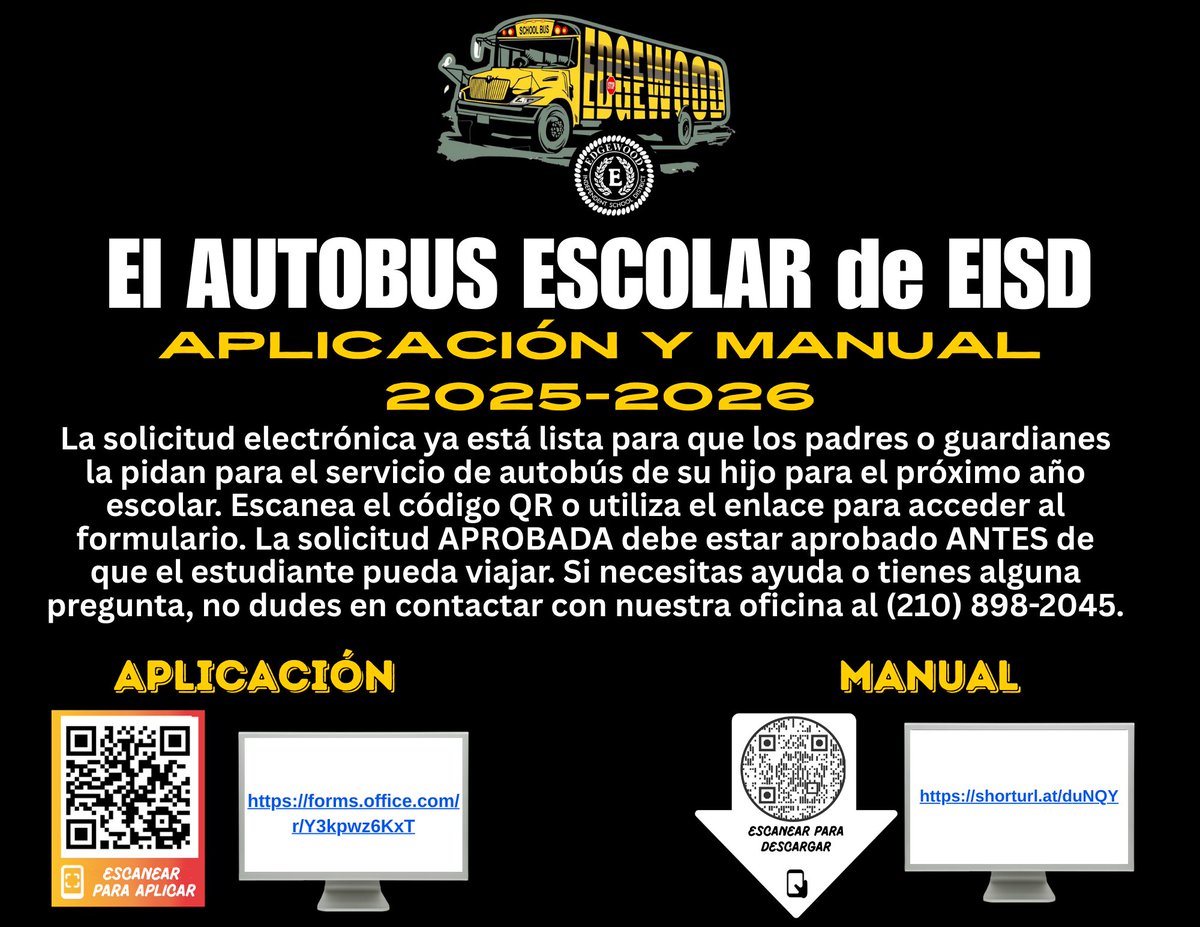 EISD Transportation (@eisd_transport) on Twitter photo ¡Buenos días, <a href="/EISDofSA/">Edgewood ISD</a>! ¡A medida que este año se acerca el final, ya estamos trabajando en el próximo! ¡La solicitud para servicios de autobús ya está disponible! ¡Es necesario tener una solicitud aprobada ANTES de que los estudiantes puedan viajar! ➡️ forms.office.com/r/Y3kpwz6KxT ¡Buenos días, <a href="/EISDofSA/">Edgewood ISD</a>! ¡A medida que este año se acerca el final, ya estamos trabajando en el próximo! ¡La solicitud para servicios de autobús ya está disponible! ¡Es necesario tener una solicitud aprobada ANTES de que los estudiantes puedan viajar! ➡️ forms.office.com/r/Y3kpwz6KxT