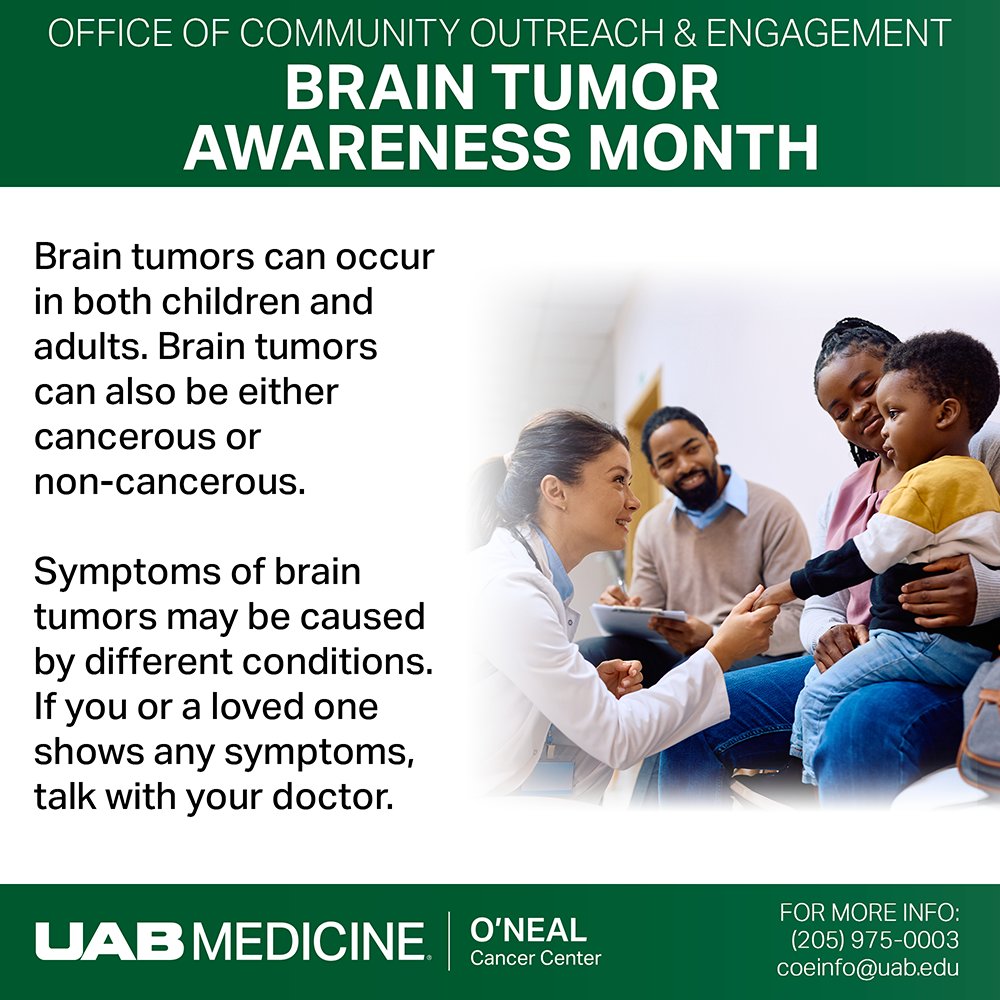 UAB O'Neal Comprehensive Cancer Center (@onealcanceruab) on Twitter photo Brain tumors can occur in children and adults, and they can be cancerous or non-cancerous.
If you have concerns about possible brain tumors, talk with your doctor.
For more information, call (205) 975-0003 or emailĀ coeinfo@uab.edu. #cancerscreening Brain tumors can occur in children and adults, and they can be cancerous or non-cancerous.
If you have concerns about possible brain tumors, talk with your doctor.
For more information, call (205) 975-0003 or emailĀ coeinfo@uab.edu. #cancerscreening