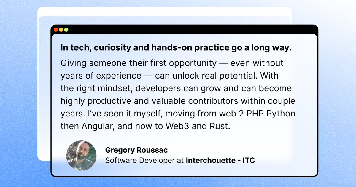 getprogai's tweet image. 🧠 Asking for 3 to 5 years of experience in a field that’s still emerging doesn’t always make sense.

We continue sharing tech hiring tips from developers themselves.

Today’s insight comes from Gregory Roussac, developer and founder of his own IT company @Interchouette