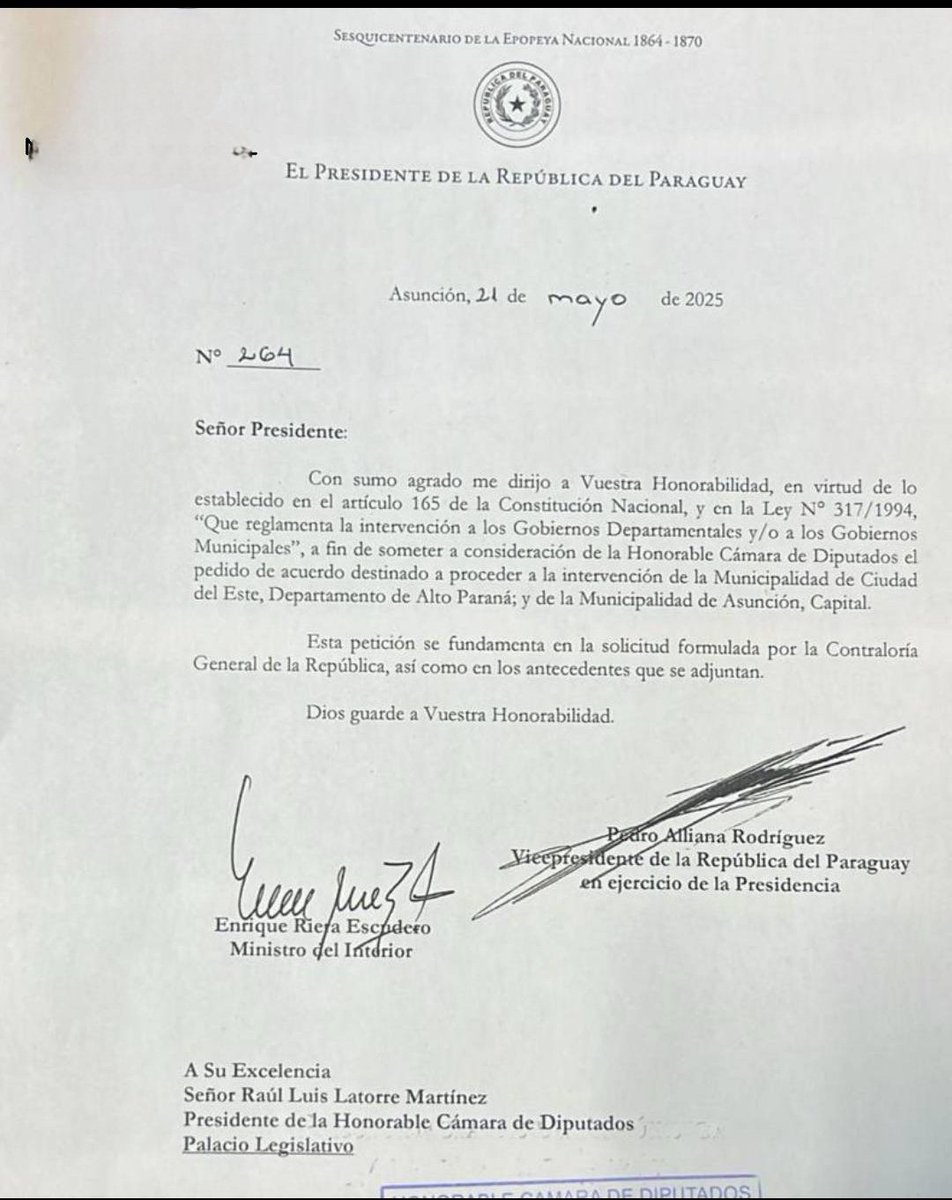 CdeNoticiasPy's tweet photo. Los pedidos de intervención de las municipalidades de Asunción y Ciudad del Este han sido remitidos por el Poder Ejecutivo a la Cámara de Diputados para su análisis y posterior decisión. https://t.co/bz6qV2U9IZ