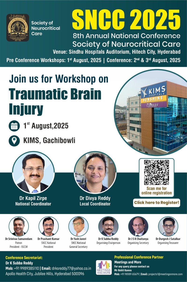 Join us and learn from the experts...
Traumatic Brain Injury workshop at the SNCC 2025 Conference- Hyderabad 
Registration Link : in.eregnow.com/ticketing/regi…
#SNCC #organdonation #worskhop #conference
