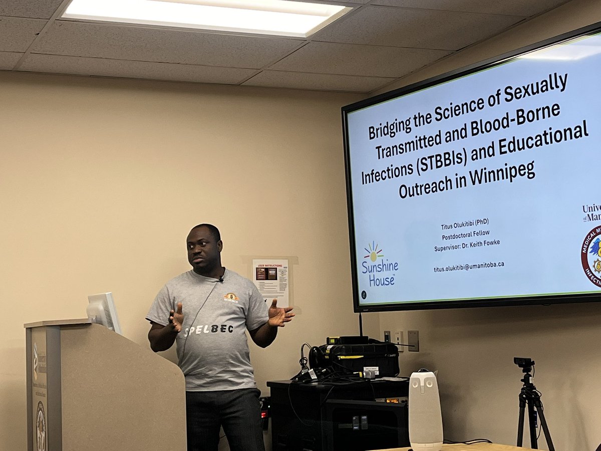 UofMMedMicro's tweet image. Dr Titus Olukitibi (PDF in Fowke lab) presents his work on HIV in Manitoba in collaboration with Sunshine House and also his community engagement activities with BIPOC youth in Winnipeg.