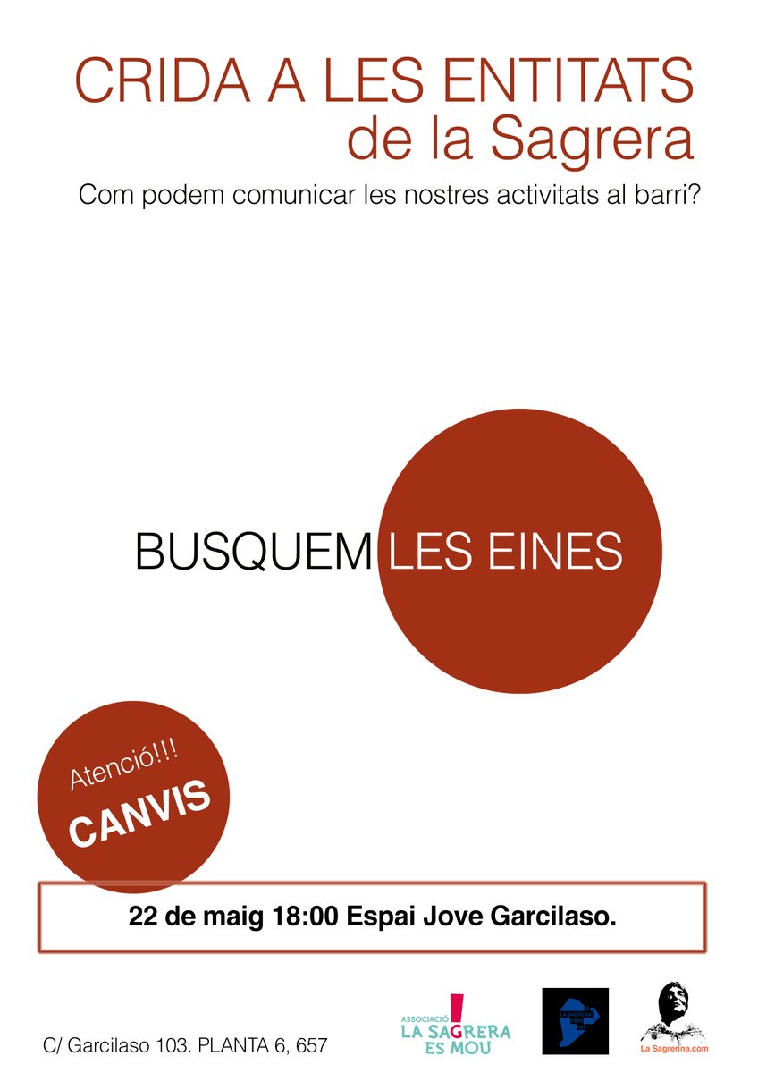 📣 FEM CRIDA A TOTES LES ENTITATS DE LA SAGRERA!
Teniu activitats al barri i voleu que arribin a més gent? 🗣️
Veniu a parlar de com podem comunicar millor tot el que fem!

🗓 22 de maig
🕕 18:00 h
📍 Espai Jove Garcilaso