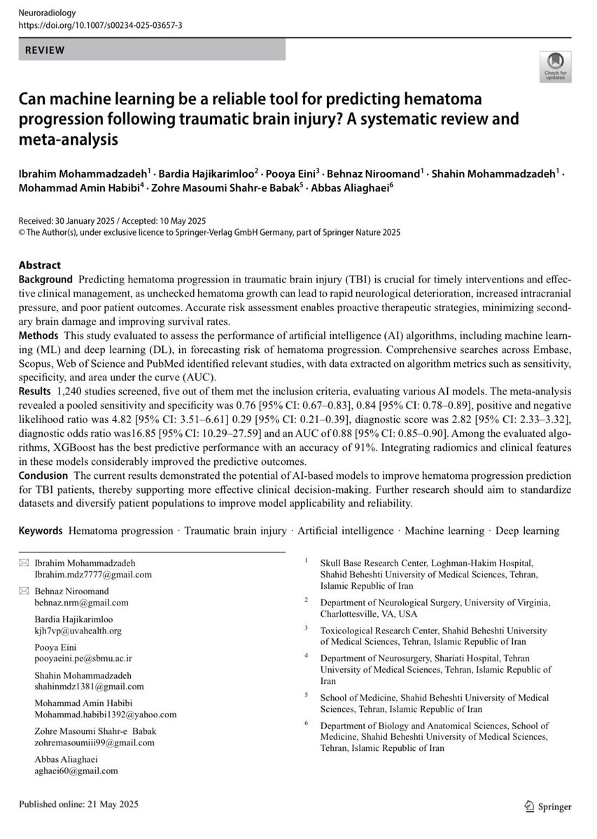New paper out in <a href="/NRADjournal/">Neuroradiology</a> : “Can machine learning predict hematoma progression after TBI?” A meta-analysis showing AI’s edge in clinical decision-making.

Read here: doi.org/10.1007/s00234…
#AI #MachineLearning #TBI #Neuroradiology
