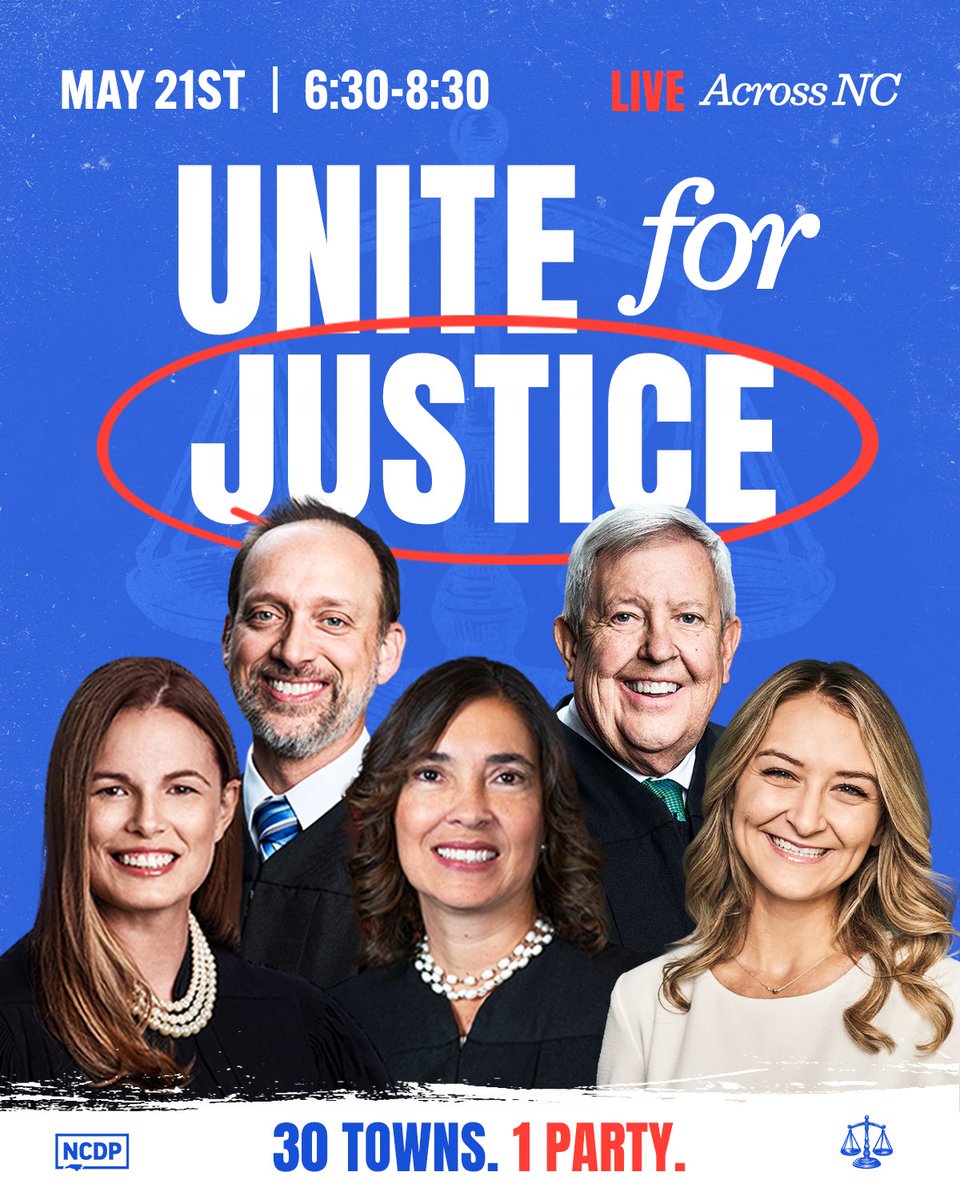 Are you ready to #UniteForJustice? Find an event near you and join the party TONIGHT!

Hear from Justice Riggs, Justice Earls, Judge Hampson, and Judge Arrowood as we kick off our fight to elect judges that will stand up for our freedoms on the bench.

⏩ ncdp.org/unite