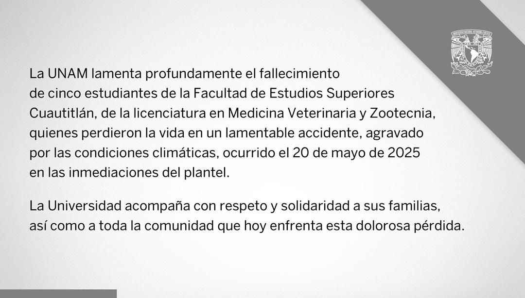 UNAM_MX's tweet photo. Lamentamos profundamente el fallecimiento de nuestros estudiantes de la @FESC_UNAM. Nos solidarizamos con su familia, amigos y la comunidad universitaria. https://t.co/i96atZd7oy